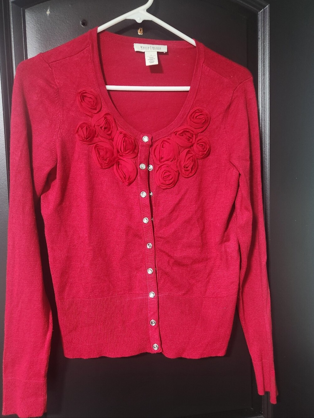 White House Black Market Red Floral-Rosette Cardigan